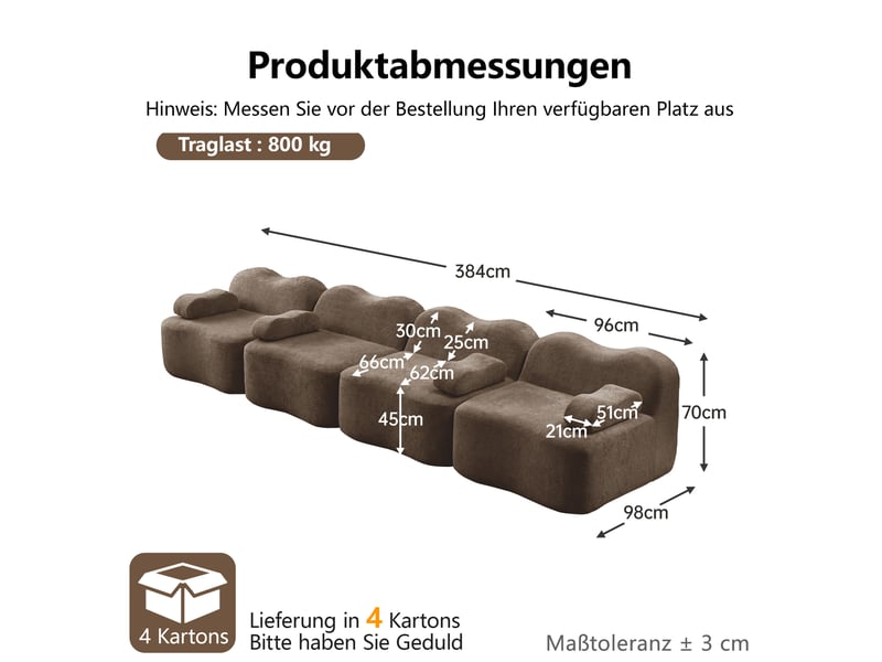  Canapé modulable 4 places en velours marron forme vague 384 x 98 x 70 cm  - Conforama E