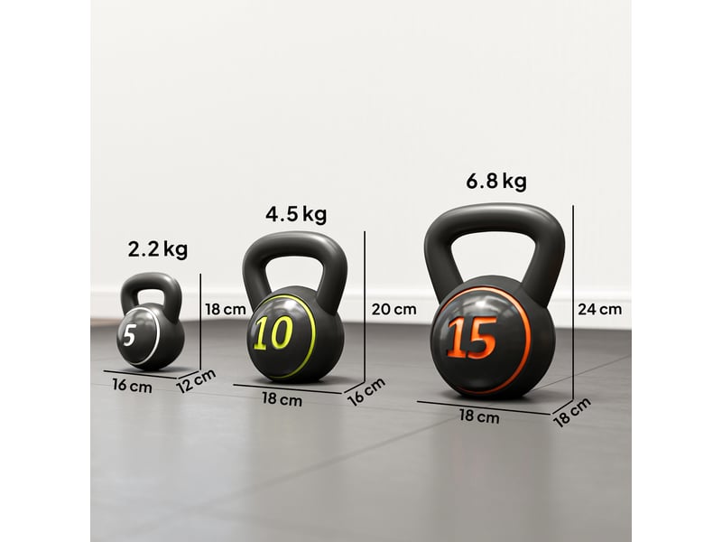  Ensemble de 3 kettlebells de 2,2 kg, 4,5 kg et 6,8 kg avec base plate et support de poids, en plastique et sable, noir.  - Conforama E