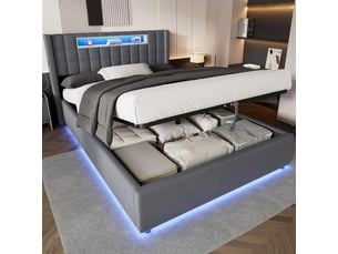 Lit coffre 2 places 140 × 200 cm avec led réglable, 2 usb, port type c et rangement, sans matelas, gris foncé