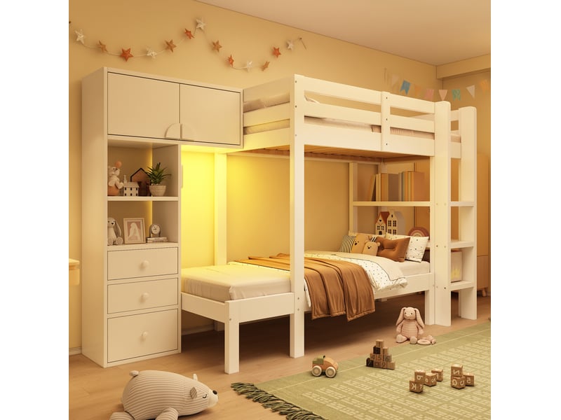  Modenvie lit superposé 90x200 cm - avec rangement intégré, veilleuse led, sans matelas - blanc  - Conforama B