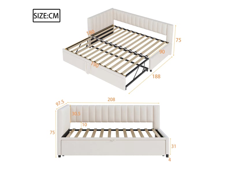  Canapé lit gigogne enfant 90x200 cm avec lit tiroir 90x200 cm, banquette-lit convertible, couchage d'appoint, rangement gain de place, beige  - Conforama E