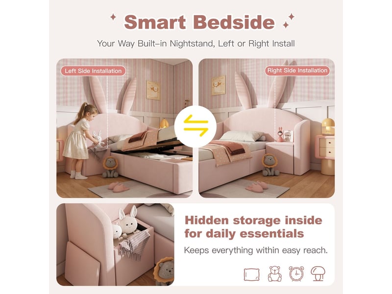  Lit rangement 90 x 200 cm en velours doux lit simple look oreilles de lapin rangements intégrés table d'appoint incluse rose  - Conforama D