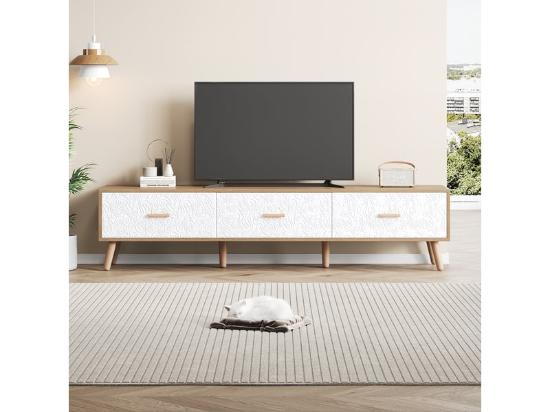  Meuble tv vintage bois clair 150 cm avec 3 tiroirs et portes texturées blanches, supporte 60 kg pour salon  - Conforama D