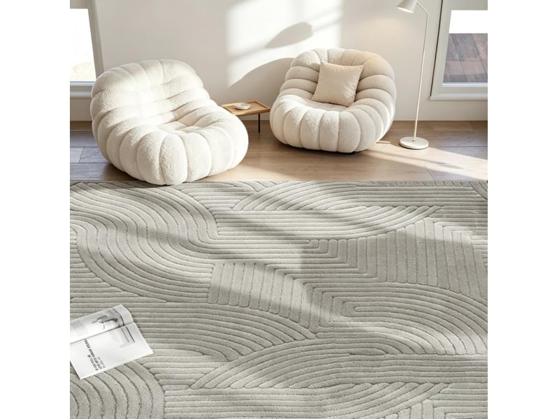  Tapis de salon géométrique à poils longs doux et antidérapant tissé jacquard en polyester et coton gris 160 × 120 cm  - Conforama C