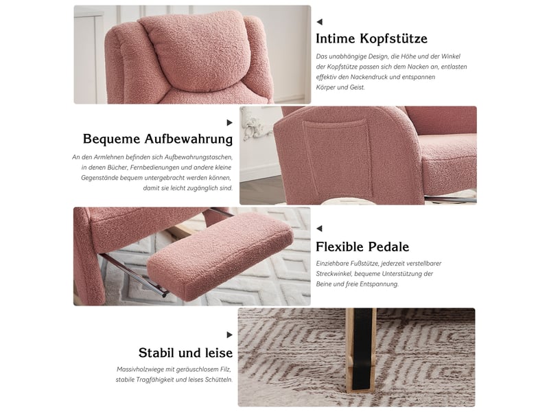  Fauteuil à bascule rose en tissu teddy avec accoudoirs et repose-pieds 110 kg  - Conforama R