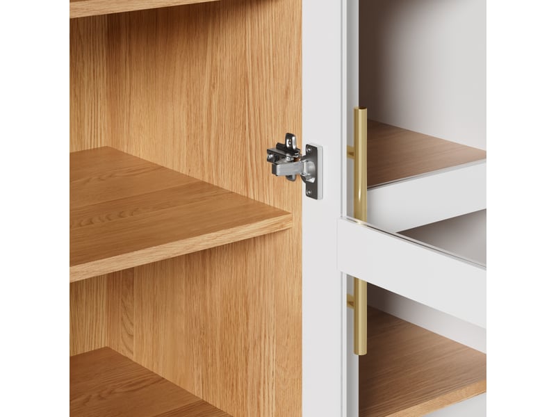  Buffet haut blanc, 3 portes vitrées, 4 tiroirs, niche ouverte en arche arrondie, poignées en aluminium, pb et mdf  - Conforama E