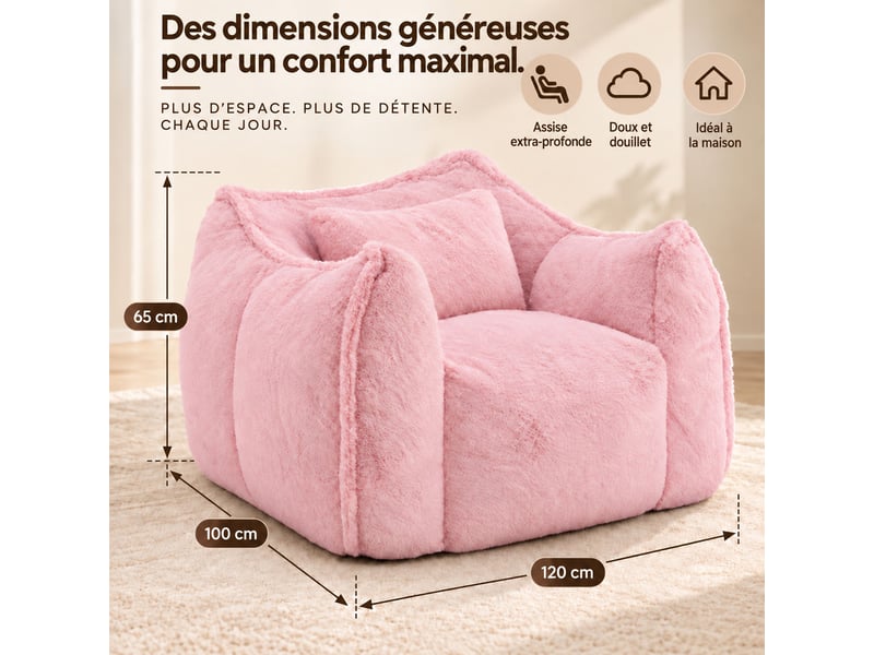  Fauteuil pouf paresseux en fausse fourrure, sans montage, rempli de mousse déchiquetée haute densité, design ergonomique,rose  - Conforama D