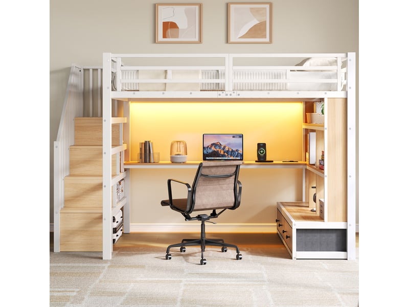  Lit mezzanine 140x200 cm, en mdf, métal, 2 tiroirs, escalier de rangement, bureau, lit enfant éclairage led, coloris blanc, sans matelas  - Conforama D