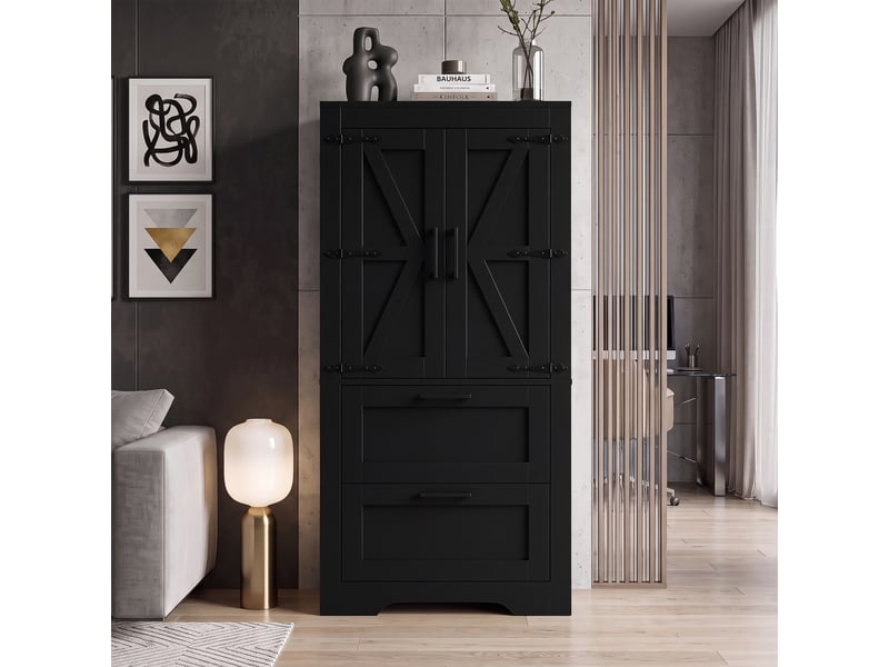  Meuble de cuisine muvano, buffet haut style campagne noir, 2 tiroirs, étagères réglables, 60 × 30 × 128 cm  - Conforama D