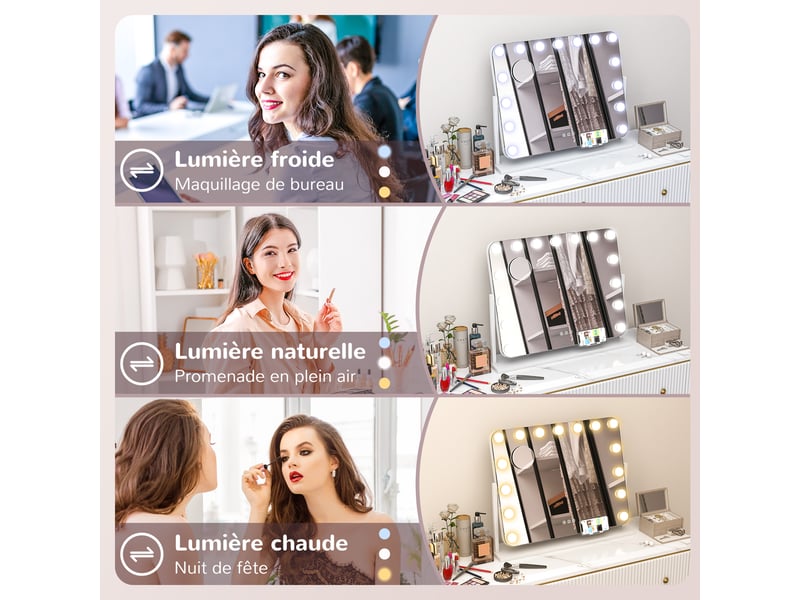  Miroir maquillage lumineux led intensité réglable miroir port grossissant de charge usb, rotation à 360° 63 x 50 cm  - Conforama R