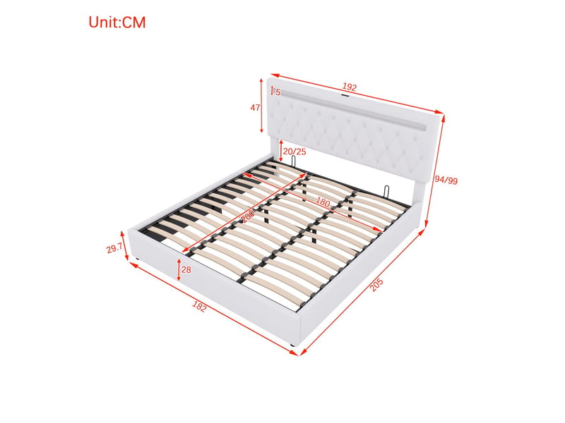 Lit capitonné 180x200, design moderne lit double, rangement intégré, ouverture hydraulique assistée, led multicolore, ports usb - Conforama C
