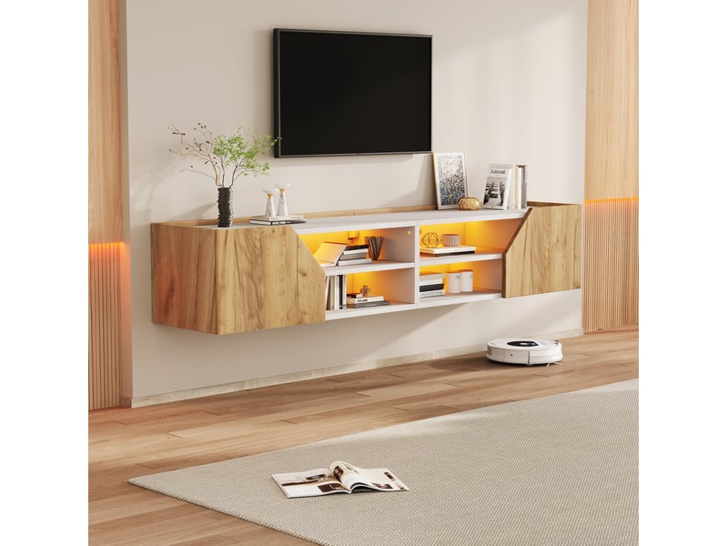  Meuble tv mural 180x36,5x40 cm avec led rgb, blanc et finition bois naturel  - Conforama D
