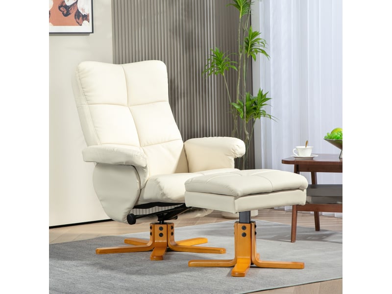  Fauteuil relax avec pouf de rangement, dossier inclinable et assise pivotante, en similicuir et bois blanc crème  - Conforama B