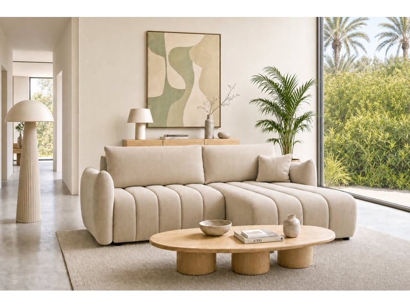 Moorea - canapé d'angle convertible petit velours côtelé 4 places beige  - Conforama B