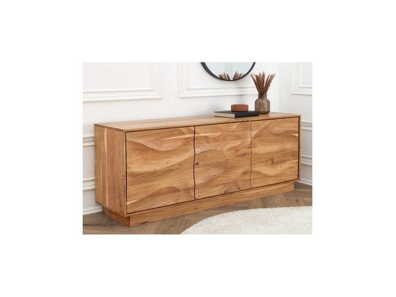 Buffet sonora 160 cm en bois d'acacia marron – 3 portes push-to-open et façades en relief - Conforama B