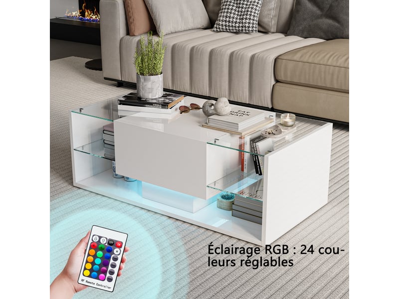  Table basse salon - design flottant avec éclairage led - double rangement et tiroir - plateau verre trempé - blanc  - Conforama E