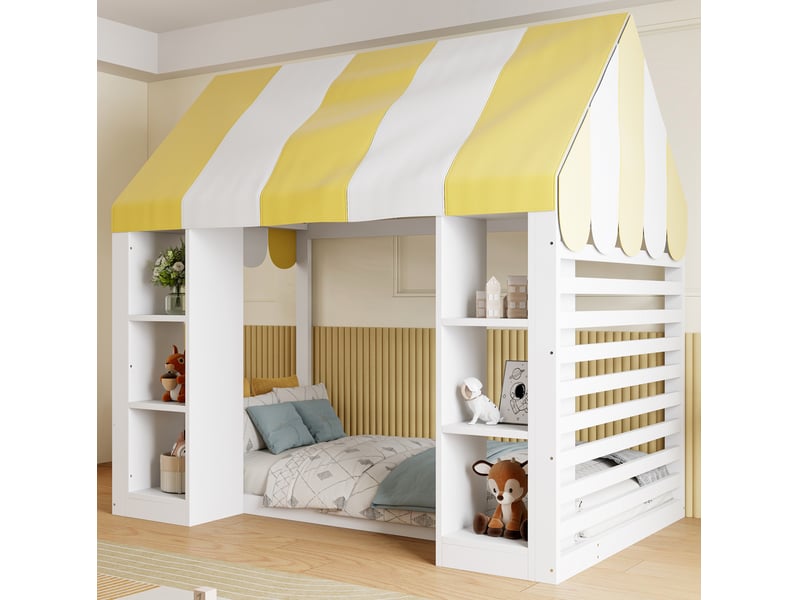  Lit mezzanine enfant modenvie 90 x 200 cm avec baldaquin et rangements ouverts, métal, contreplaqué et mdf, blanc  - Conforama D