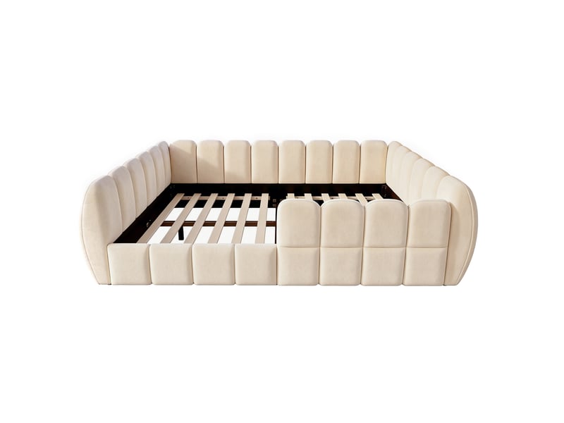  Lit enfant au sol 140x200 cm à entourage capitonné fermé, coins arrondis et revêtement velours beige Fay Lum - Conforama E