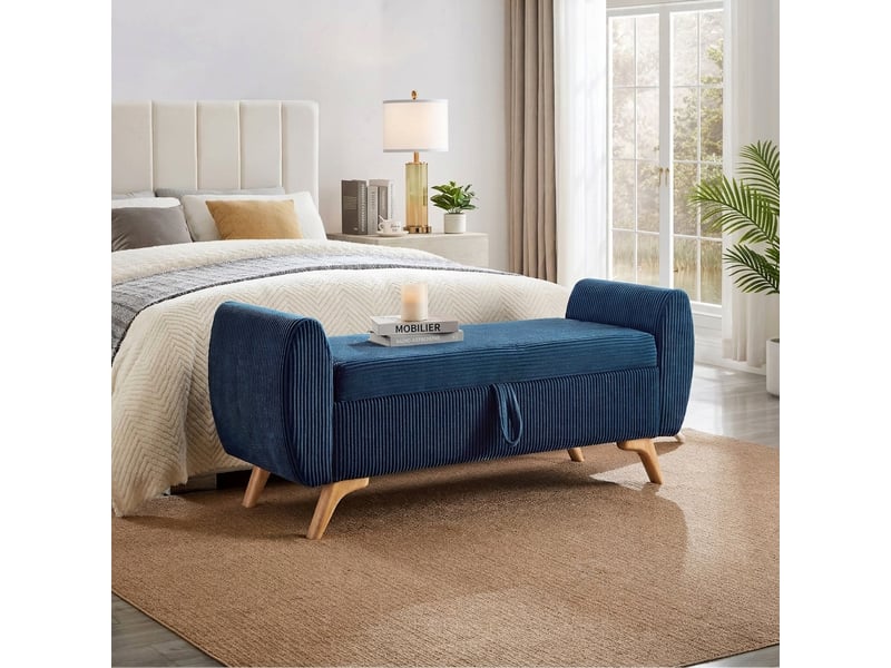  Banc de rangement bleu 145 cm en velours côtelé avec coffre pliable et pieds en bois  - Conforama D