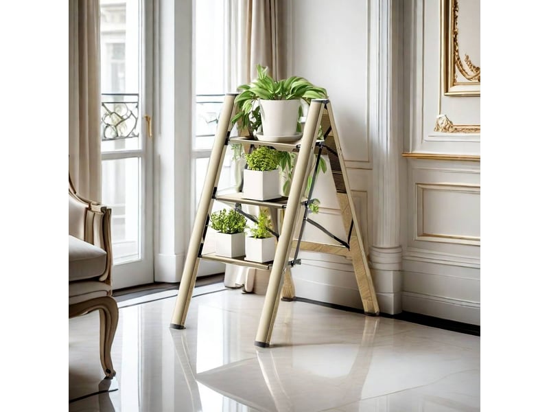  Escabeau 3 marches pliant 65x45x82cm, marchepied aluminium léger doré, charge 150kg  - Conforama R
