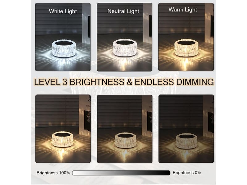 Lampe de table led cristal rechargeable sans fil, 3 niveaux de luminosité, 3 couleurs tactiles, lampe de chevet portable pour chambre, salon, décoration moderne - Conforama B