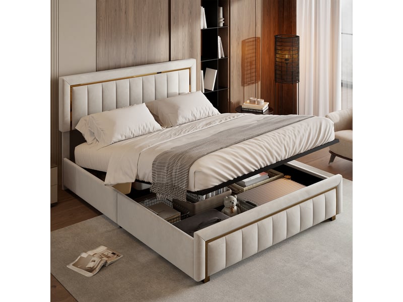  Lit coffre 160x200, lit 2 places avec rangement hydraulique, tête de lit et sommier à lattes, velours beige  - Conforama W