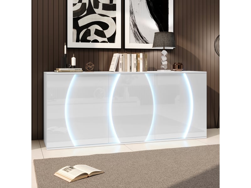  Buffet de salon 150x40x70 cm, armoires de rangement avec portes à led, armoire de salon brillante à trois portes, blanc, aggloméré  - Conforama A