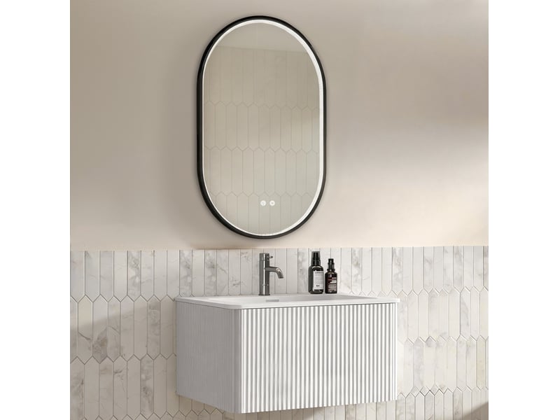  Ensemble meuble de salle de bains suspendu blanc 81 cm avec lavabo intégré, miroir led antibuée et tiroir  - Conforama B
