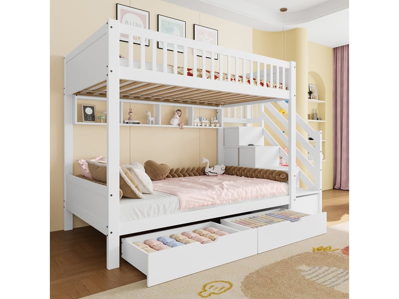  Lit superposé enfant 90x200 cm avec armoire, 2 tiroirs, étagères et escalier de rangement, en pin et mdf, blanc  - Conforama D