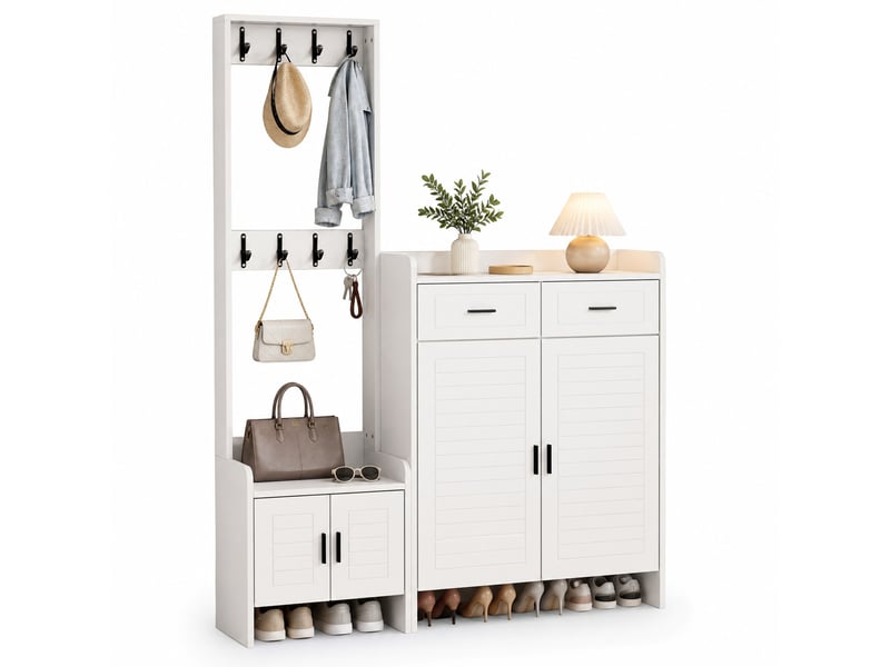  Meuble d'entrée avec 2 portes, 2 tiroirs, 6 étagères et 8 crochets pour chaussures, blanc, 125 × 36 × 165 cm  - Conforama A