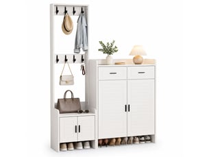 Meuble d'entrée avec 2 portes, 2 tiroirs, 6 étagères et 8 crochets pour chaussures, blanc, 125 × 36 × 165 cm