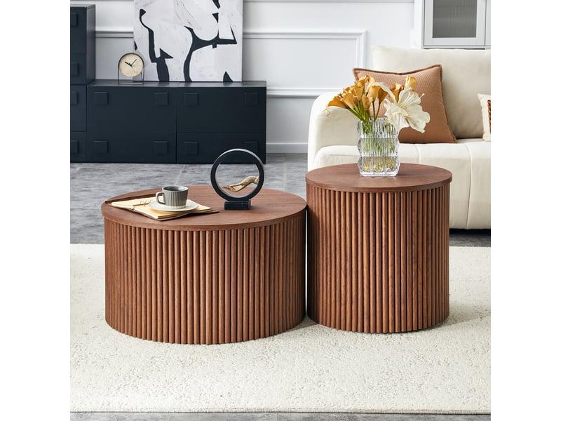  Ensemble de tables basses gigognes, rangement intégré, mobilier de salon, tables de salon, pour salon, en mdf, marron  - Conforama E