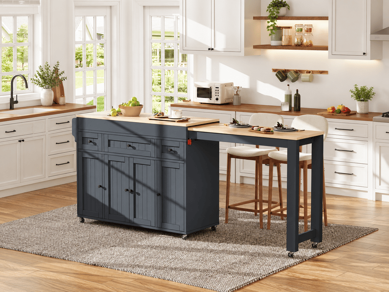  Îlot de cuisine extensible, table coulissante, 4 portes, 3 tiroirs, étagères réglables, roulettes verrouillables, gris  - Conforama B