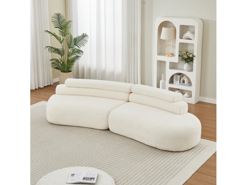 Canapé modulable en chenille beige 2 pièces à conception courbée en forme de pois de cashew, sans bras ni coins durs, design segmenté ultra doux - Conforama C