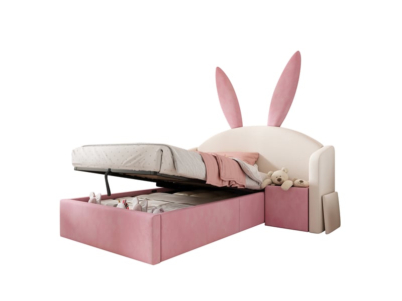 Lit simple 90x190 cm, lit enfant, rangement, table de chevet, motif lapin, velours beige, rose  - Conforama D
