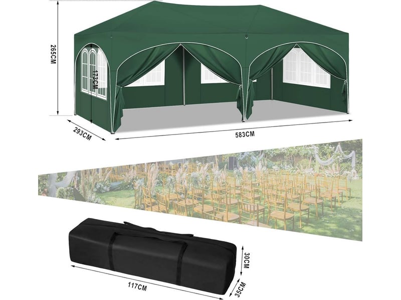 Gazebo 3x6 m vert avec 6 parois, hauteur réglable, déperlant, protection uv 50+ - Conforama C