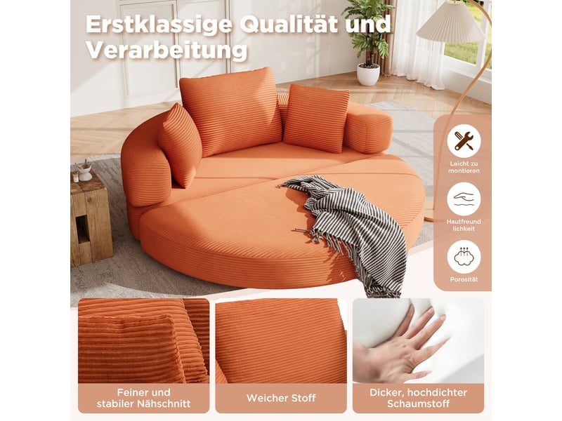 Canapé convertible deux en un pliable avec trois coussins, couchage ovale et bord protecteur en tissu côtelé orange - Conforama E