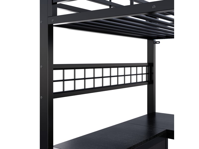  Lit mezzanine gaming 90x200 cm noir, avec bureau u, 3 tiroirs, rangements, led, structure métal, sommier inclus, sans matelas  - Conforama E