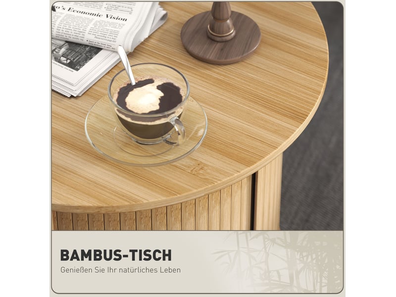  Table basse ronde avec espace de rangement dissimulé et porte coulissante pour salon, en bambou naturel, ø60 × 45 cm  - Conforama E