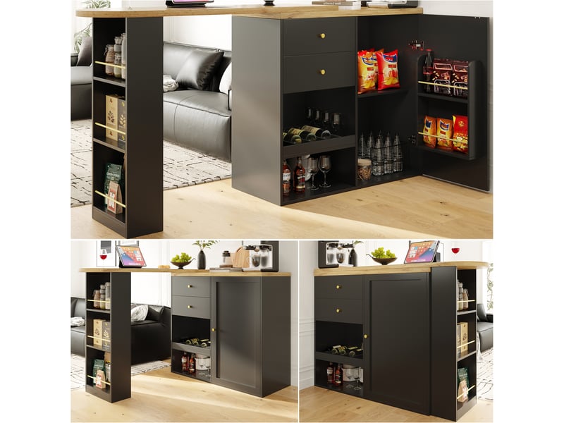  Table de bar pivotante îlot de cuisine noir en mdf avec 2 tiroirs et étagères à 3 niveaux, meuble modulable pour salle à manger  - Conforama C