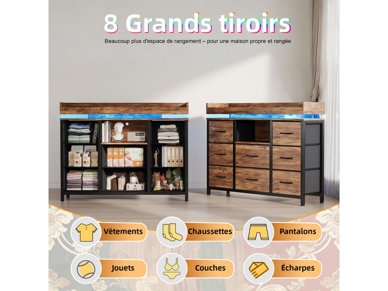  Commode 8 tiroirs 108x30x88cm, led rgb et station de charge usb type-c, tiroirs en tissu motif tigre, pour chambre, dressing et salon  - Conforama E