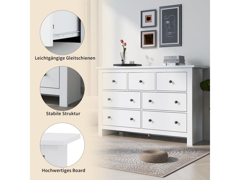 Buffet blanc 7 tiroirs meuble rangement moderne 152x40x89 cm panneau de particules - Conforama D