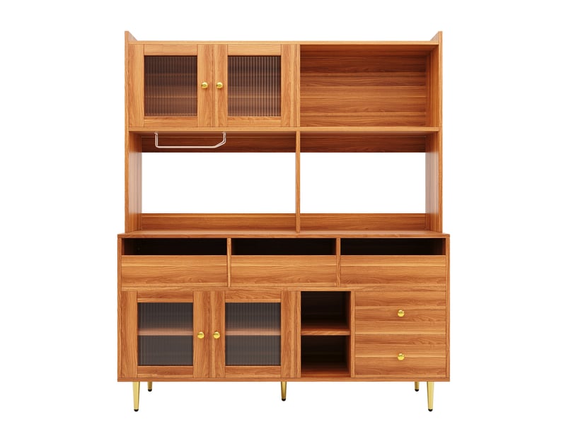  Buffet haut 145 x 39 x 171 cm – marron noyer – portes en verre strié, range-verres et 5 tiroirs intégrés  - Conforama D