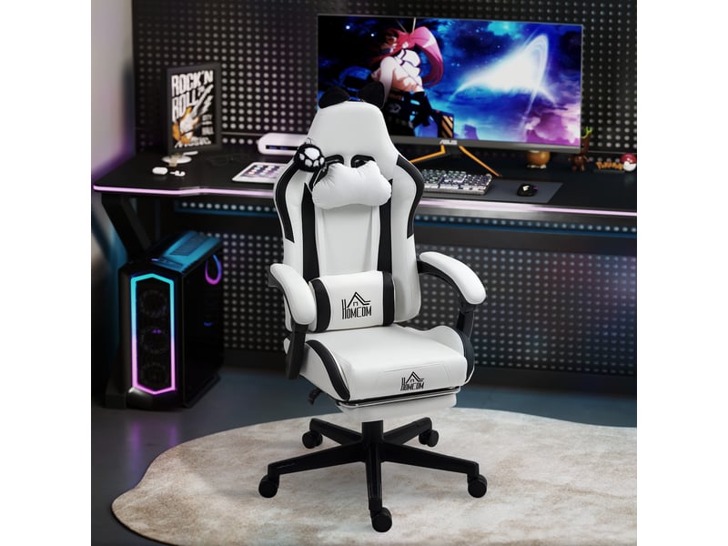  Fauteuil de jeu inclinable avec hauteur réglable, repose-pieds rétractable, soutien lombaire et appui-tête amovible - blanc  - Conforama D