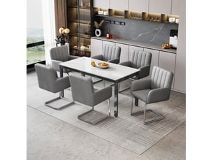 Chaise de salle à manger lot de 4 rembourrée avec accoudoirs et piètement en z, en polyuréthane et métal gris