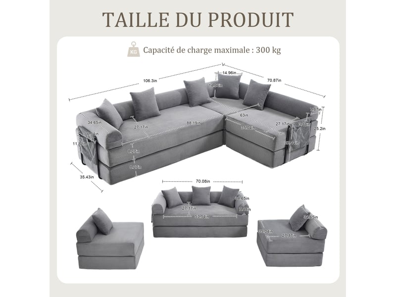  Canapé modulaire 270x180x64 cm 4 places gris foncé  - Conforama E