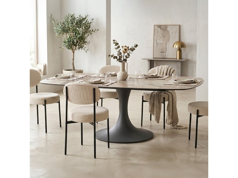  Table à manger extensible automatique 6-8 pers. En céramique effet marbre taupe et piètement noir 115-190x190 cm - sabbia Sabbia - Conforama B