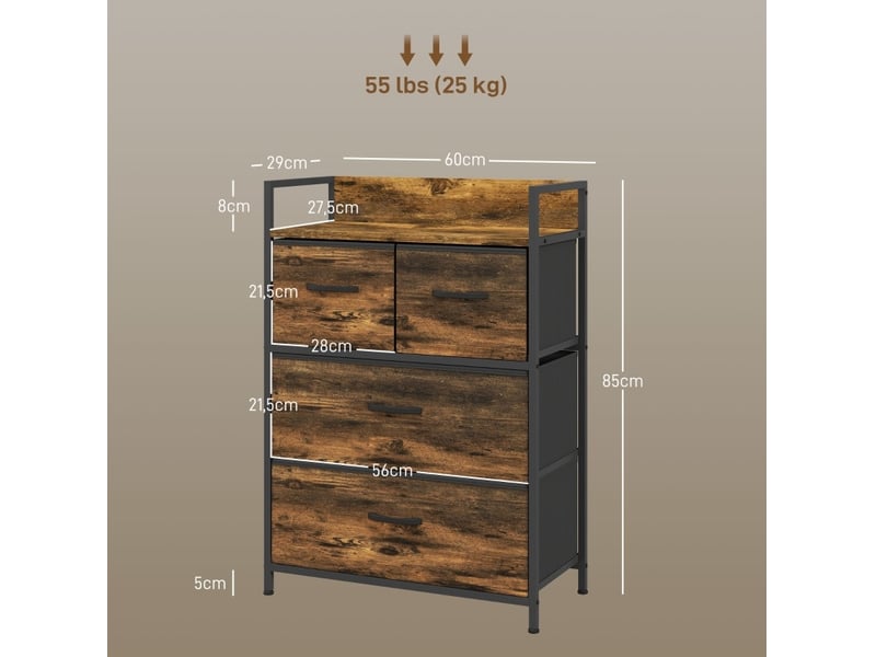  Commode, sideboard, 4 tiroirs en tissu, design industriel, 60x29x85cm, brunnoir  - Conforama C
