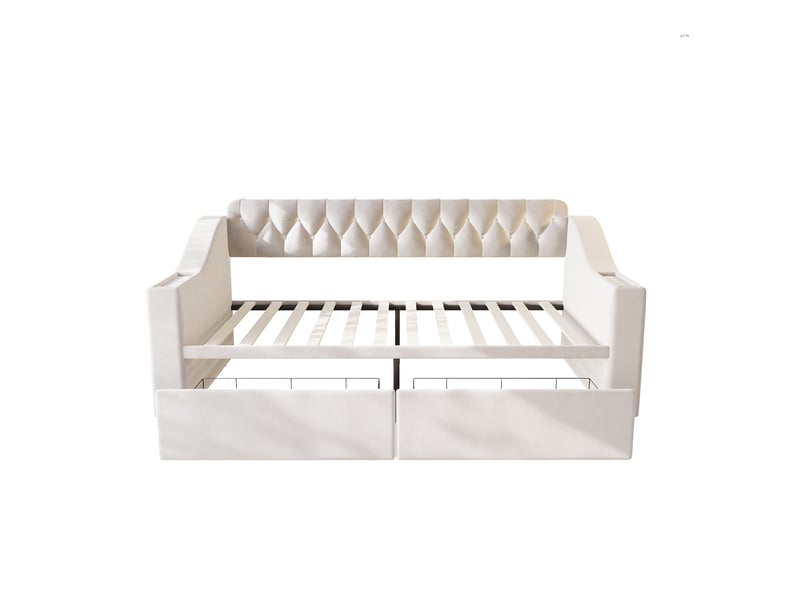  Lit canapé velours beige 90x190 cm avec accoudoirs usb, rangements et tiroir  - Conforama A