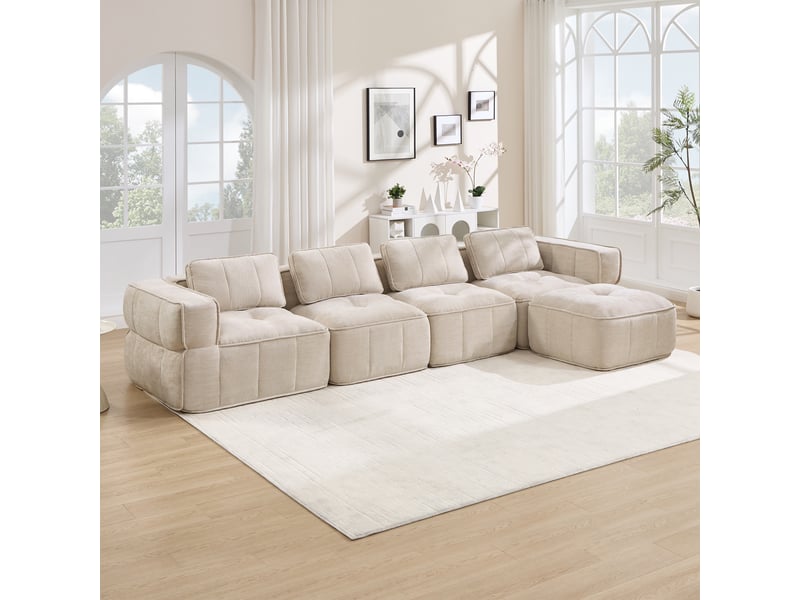  Canapé 4 places - 344x162x67cm - canapé d'angle modulaire en l avec pouf repose-pieds en mousse 32d sans cadre - beige  - Conforama C